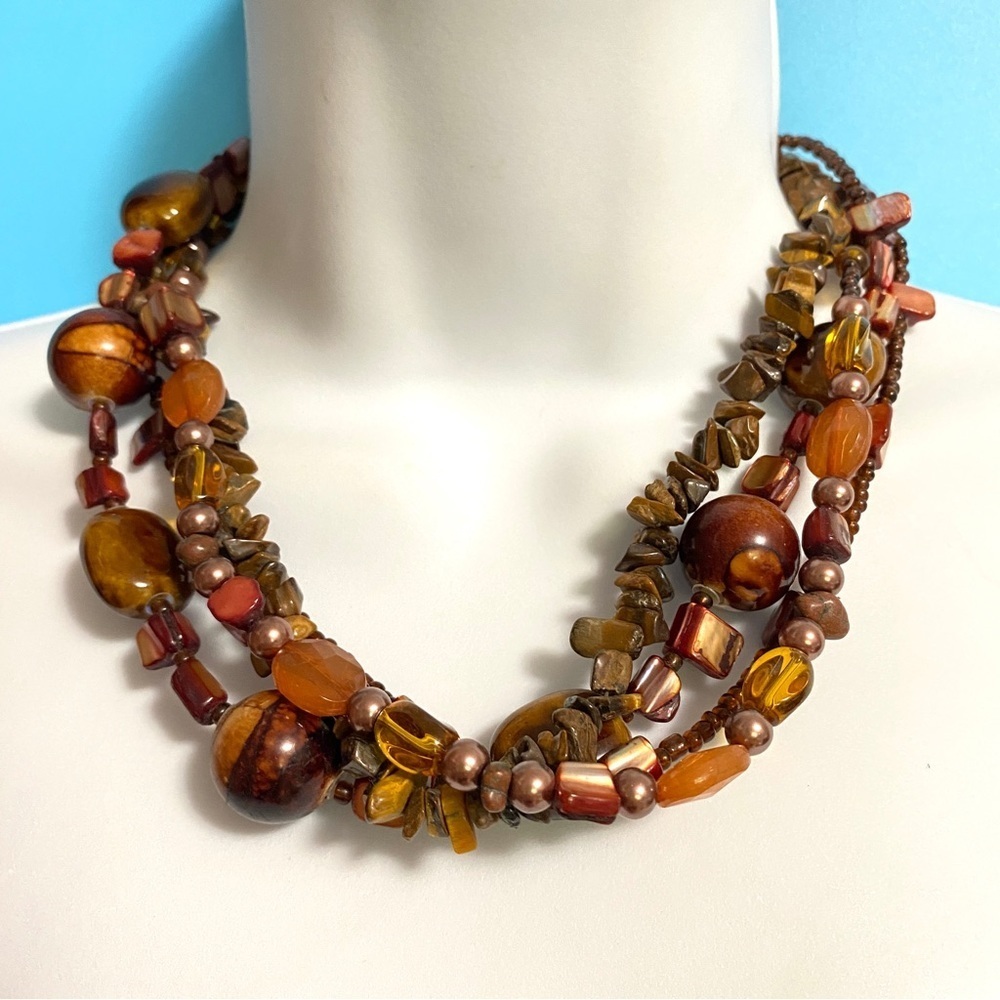 Boho Tigereye Stone Chips Glass Beads Shells Multistrand Brown Tones Necklace